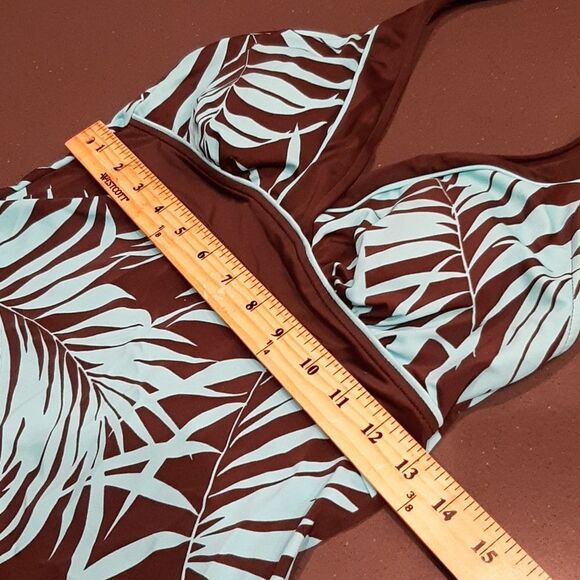Brown and Turquoise Leaf Print 2 Piece Swimsuit - Picture 6 of 12